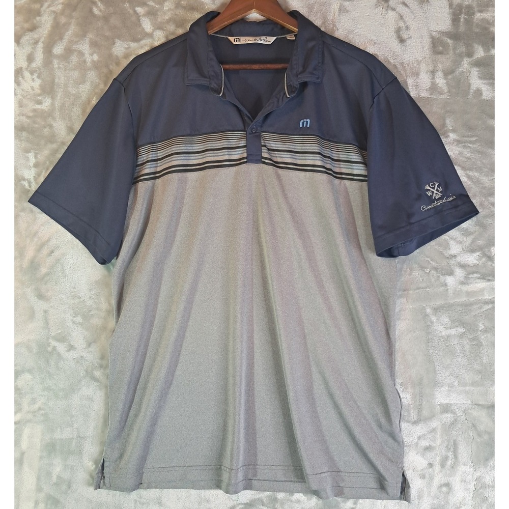TravisMathew Golf Polo Shirt Size XL Gray Navy Striped Chest Cornerstone Classic